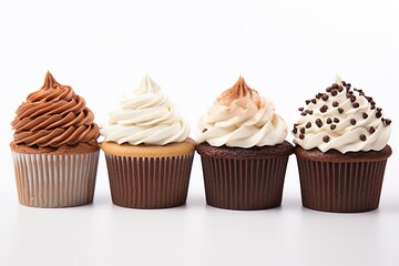 delicious assorted cupcakes of different flavors and colors on white background