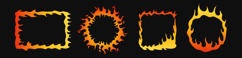 Fire ring vector frame. Flame circle and square border. Burning photo frame.