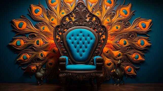 An intricately carved wooden peacock chair in front of a vibrant wall mural depicting the Ras Leela of Krishna.