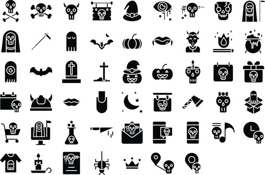 halloween and spirits solid glyph icons set, including icons such as Bat, Candle, Evil, Flask, Ghost, Head, and more. Vector icon collection
