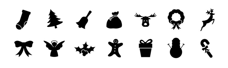 Christmas holiday black solid silhouette icons. Santa gift and bag with presents. Xmas clipart new year set