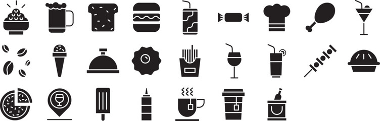 Food and drinks solid glyph icons set, including icons such as Rice bowl, Beer, Bread, Burger, Candy, and more. Vector icon collection