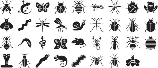 Insects solid glyph icons set, including icons such as Ant, Bed bugs, Bees, Cockroach, Dragonfly, and more. Vector icon collection