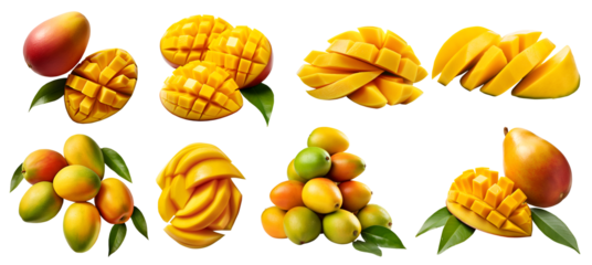 Mango Mangoes fruit, many angles and view side top front sliced halved group cut isolated on transparent background cutout, PNG file. Mockup template for artwork graphic design