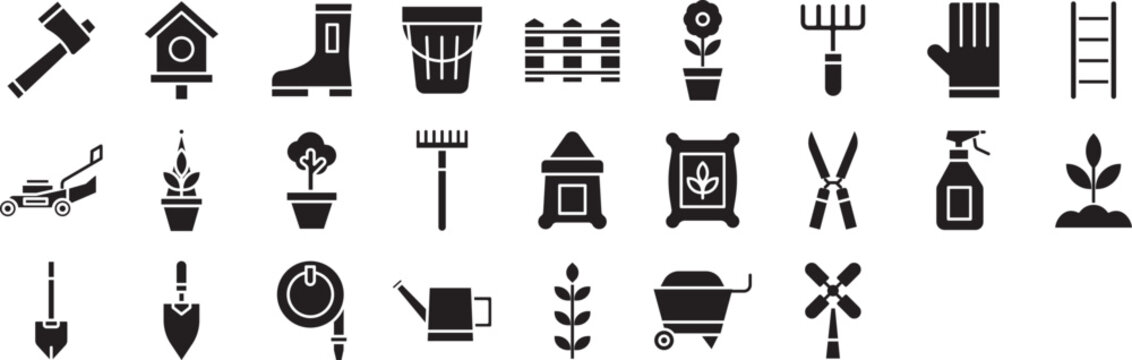 Gardening solid glyph icons set, including icons such as Bird house, Boots, Bucket, Axe, Flower, Fork, Rake, Tools, and more. Vector icon collection