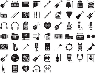 Music instrument solid glyph icons set, including icons such as Banjo, Cassette, Drumsticks, Drum, Guitar, and more. Vector icon collection