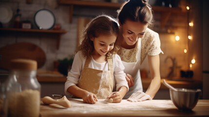 Cute little girl and her beautiful mother are playing and smiling while coocking in kitchen at home