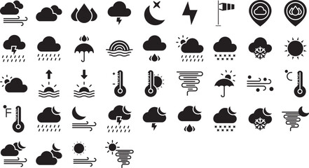Weather forecasting solid glyph icons set, including icons such as Celsius, Clouds, Droplets, Flash, Lightning, Moon, Rain, and more. Vector icon collection
