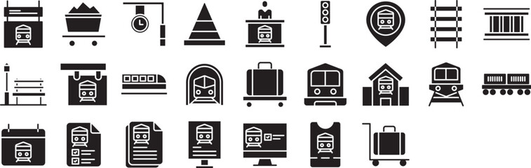 Railway solid glyph icons set, including icons such as Board, Cargo, Calendar, Clock, Construction,, and more. Vector icon collection