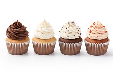 delicious assorted cupcakes of different flavors and colors on white background