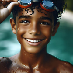 Smiling happy boy portrait while swimming ,swim goggles on the boys head. - obrazy, fototapety, plakaty
