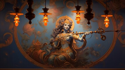 An ornate chandelier casting a warm, inviting glow over an exquisite mural of Krishna playing the flute.