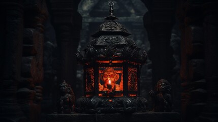 An ornate lantern illuminating a Hanuman idol in a dark temple. - obrazy, fototapety, plakaty