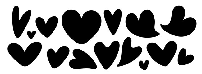 Collection of hearts hand-drawn, free-form hearts  illustrations, Love symbol icon set, love symbol black silhouette heart vector. - obrazy, fototapety, plakaty