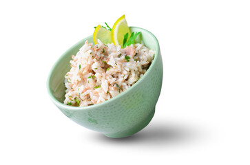 Rice with Tuna, Delicious Salad Appetizer in a Bowl over White Background