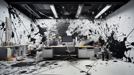 Art studio with abstract black and white paint splatters.