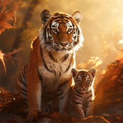 Naklejka premium tigress with cub cinematic lighting, film grain, ultra realistic