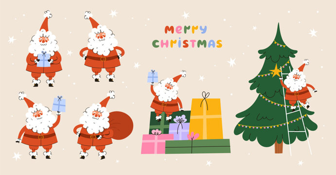 Christmas Santa Claus character set. Vector flat cartoon illustration.