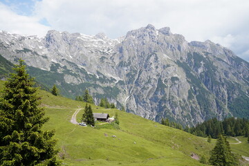 View of the mountain hut "Elmaualm" in Werfenweng, Austria