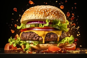 Realistic scene of a smoky hamburger with ingredients in dynamic motion