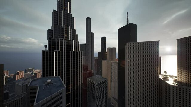 A drone slowly descends from the rooftops of skyscrapers onto the main street of a major business district.