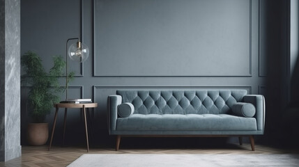 Stylish sofa in interior of living room, 3d render. Decor concept. Real estate concept. Art concept. Design concept. Interior concept.