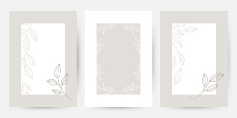 Vector set of banners design outline of leaves, branches, templates frames with copy space for text. Can be used for cosmetics, beauty products, organic and healthy food with  modern ornaments 