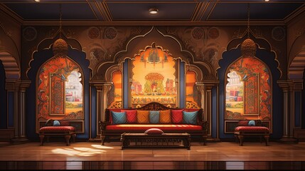 Capture the intricate details and vibrant hues of a pooja room wall painting, a testament to India's rich cultural heritage. - obrazy, fototapety, plakaty