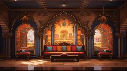 Fotobehang Capture the intricate details and vibrant hues of a pooja room wall painting, a testament to India's rich cultural heritage. © Mustafa_Art