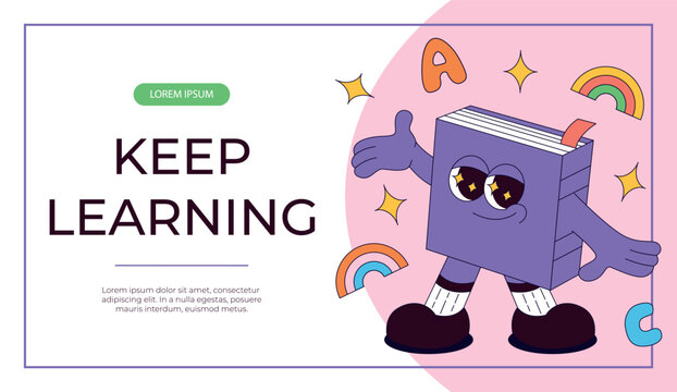 Promo banner with funky retro groovy book character with bookmark. Back to school. Children's stationery, funny study school supplies. Nostalgia 60s, 70s, 80s. Vector for poster, cover, advertising