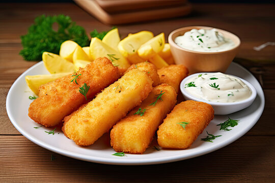 Tasty fish fingers on a white plate with potato wedges and mayonnaise in a kitchen