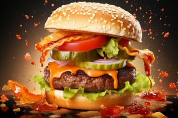 Realistic scene of a smoky hamburger with ingredients in dynamic motion