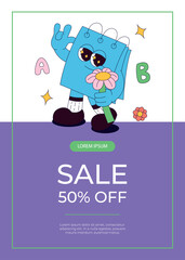 Promo sale flyer with funky retro groovy stickers note character with flower. Back to school. Children's stationery, funny study school supplies. Nostalgia 60s, 70s, 80s. A4 vector for poster, cover