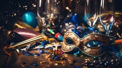 Close-up of New Year's Eve party favors, including party blowers, festive masks, and sparkling confetti ready for the celebration.
