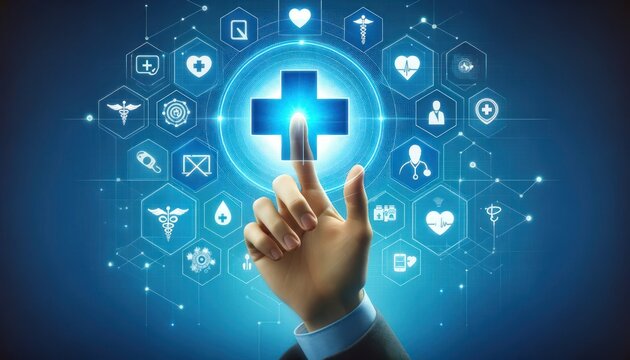 Hand interacting with a virtual healthcare interface pressing a blue cross, surrounded by medical technology icons.
