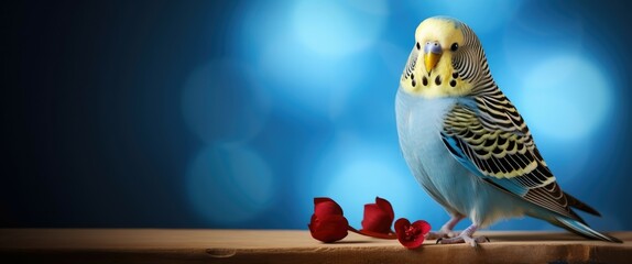 budgie parakkeet with flowers on blue background. 