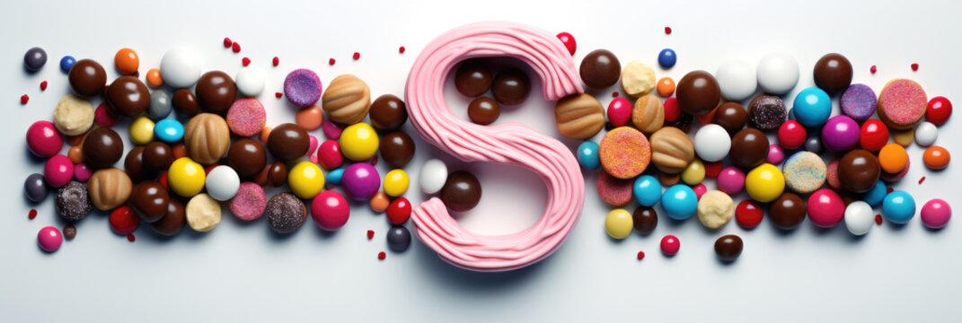 Sinterklaas banner with chocolate letter S and colorful candies. Flat lay for kids party