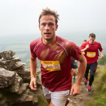 Runners on a hill, dressed in wet red and yellow t-shirts and trousers, display exhaustion through copious sweating.