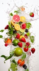 Cascading into the water, fragments of fruits and vegetables form vibrant splashes.