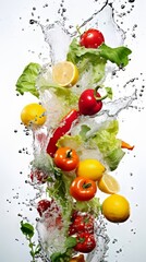 Fragments of fruits and vegetables tumble into the water, generating lively splashes.