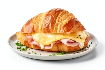 Croissant with ham and cheese, isolated on white background