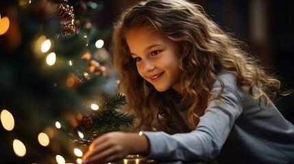 Beautiful girl with curly hair near a Christmas tree with decorative balls and ribbons. decorating New Year's atmosphere, smiling happy child on holidays.