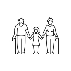 Fototapeta na wymiar Grandparents with granddaughter, old man and old woman with girl child holding hands. Family, linear illustration. Line with editable stroke