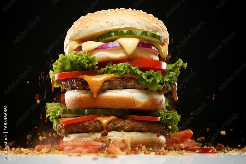 Wall mural Realistic scene of a smoky hamburger with ingredients in dynamic motion - Wall murals