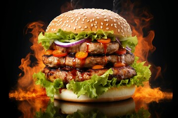 Realistic scene of a smoky hamburger with ingredients in dynamic motion