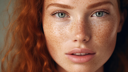 Fototapeta premium Freckles Woman portrait. Close-up. Beautiful blue eyed girl with freckles is looking at camera, on a white background