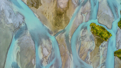 Aerial view of a glacial river bed from above. Fascinating pattern created by mother nature....