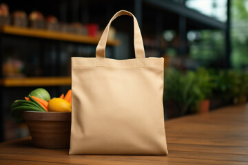 Tote bag mockup template on shelf in grocery store with fresh and organic fruits and vegetables. Eco friendly totebag mock up. Sustainable and zero waste lifestyle
 - obrazy, fototapety, plakaty