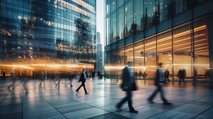 People in suits walking next to modern office buildings, long exposure photo, business concept