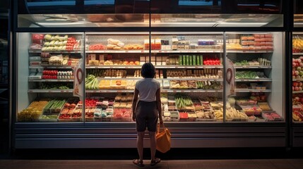 Fototapeta premium Silhouette of a woman against the background of shelves with products in a supermarket